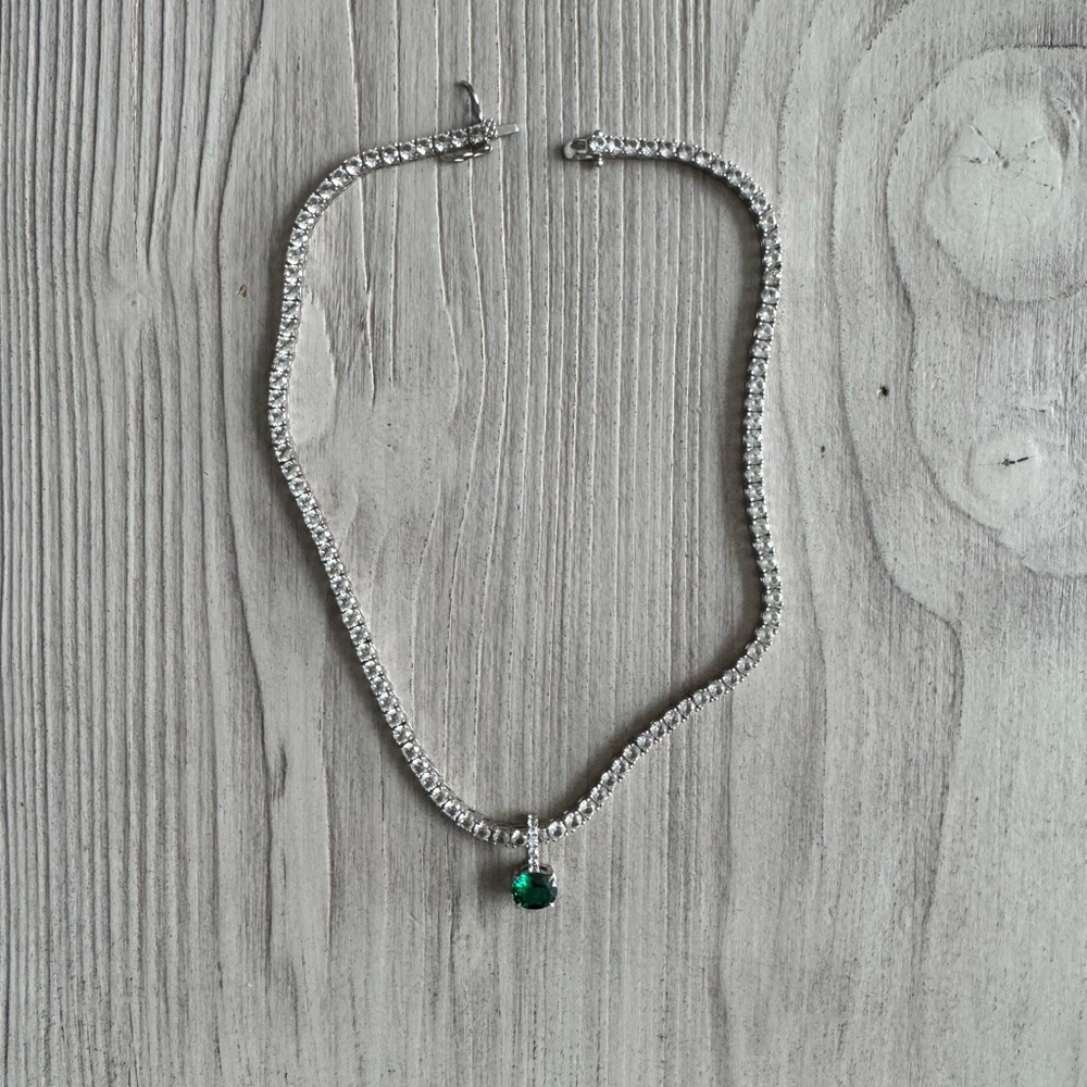 KATE RIVIÈRE NECKLACE IN 3.75MM LAB WHITE SAPPHIRE 16in with emerald pendant - Picture 7 of 10